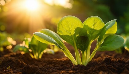 vibrant green leafy vegetables growing in fertile soil bathed in warm sunlight