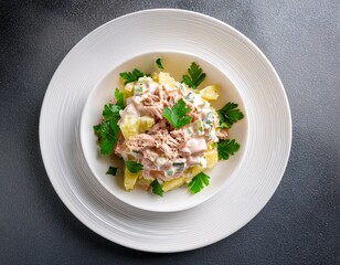 ensaladilla rusa potato salad with tuna and mayonnaise on white plate on transparent