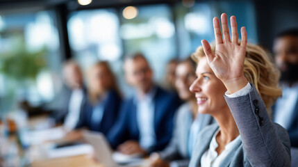 Faceless woman raising hand in corporate meeting with audience, participation gesture, professional engagement scene, with copy space
