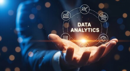 Business hand holding data analytics sphere with technology icons