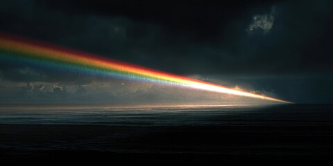 Dramatic sunset horizon glowing with intense horizontal light beam over mountain silhouettes under dark sky, surreal atmospheric landscape with vivid red blue tones abstract natural lighting effects