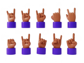 A set of 3d hands making the rock on sign on purple cylinders on a transparent background, isolated on transparent background