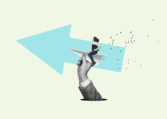 Art collage.  Launch of a smiling business woman on a paper airplane, launched with help from the side. Successful start up concept.