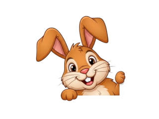 Smiling cartoon bunny peeking from behind transparent background with big ears and whiskers