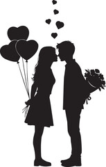 Romantic silhouette teen couple with flowers and balloons, valentine's day design