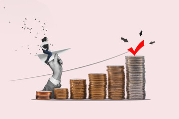 Art collage.  Launch of a smiling business woman on a paper airplane, launched with help from the side. Successful start up concept.