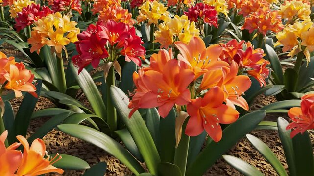 Field of Orange, Red, and Yellow Clivia Flowers Blooming Under Sunlight