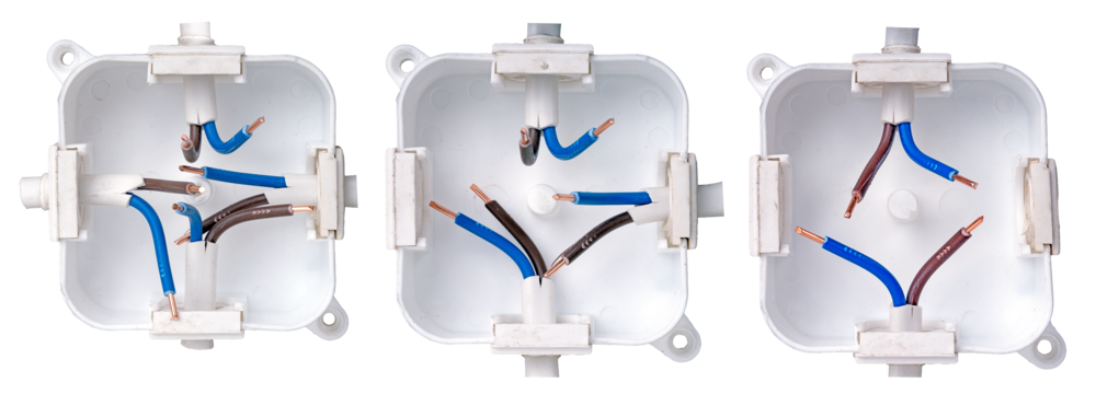 Small plastic electrical box in the wall for electrical cables, isolated background. Three cable routing options. - Powered by Adobe