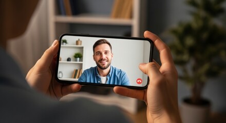 Hands holding smartphone for a video call with a smiling man