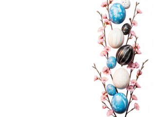 Easter eggs and cherry blossoms on transparent background