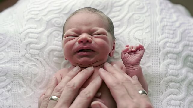 Extreme close-up video: tiny, squirming newborn infant on soft cashmere, soothed by gentle adult hands with wedding band, in soft natural light. Concept of tender solace
