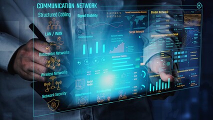 Data center monitoring dashboard visualize network performance, connection status, usage rate, and telecommunication insight. Data center monitoring efficiency improvement network transparency. Thunk