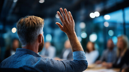 Faceless audience member raising hand during corporate presentation in modern conference room, participation gesture, with copy space