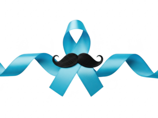 Blue ribbon with a black mustache on isolated transparent background for awareness and humor