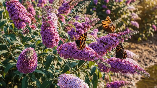 Butterflies Flying Around Purple Buddleja Flowers