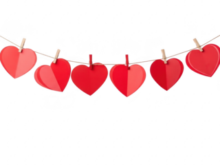 Red heart shapes hanging on a string with clothespins on transparent background