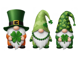 Three gnomes wearing green hats and holding shamrocks on isolated transparent background