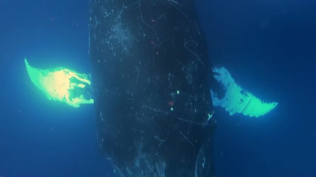 Observe the majestic Humpback Whale as it navigates the waters near Hawaii. Its flipper movements showcase the elegance and power of this marine giant. The bright sun enhances the spectacle.