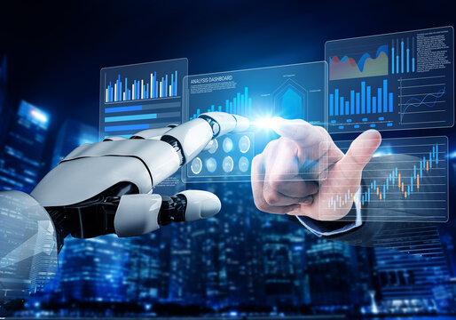 A robotic hand reaches towards a human finger, both interacting with a futuristic data analysis interface amidst an urban cityscape at night, showcasing technology and innovation. Gantry - Powered by Adobe