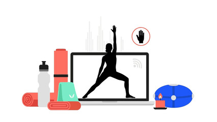 Online fitness training with yoga and meditation equipment in modern silhouette design