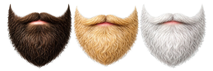 Set of realistic male beards in brown blonde and white colors isolated on transparent background, generative ai