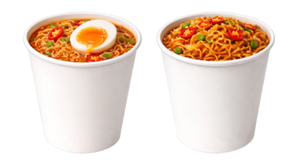 Spicy instant noodle cups with soup egg topping and fried noodles isolated on transparent background, generative ai