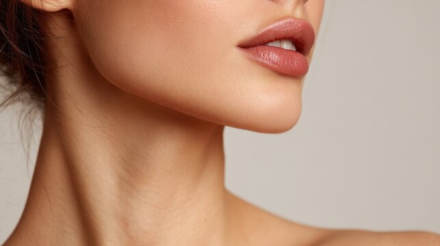 Woman's beautiful face, natural plump lips with lipstick, perfect smooth skin, defined jawline and neck profile, demonstrating beauty, skincare, and grooming concepts