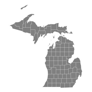 Michigan State Map Vector SVG Grey Fill White County Lines Transparent Background Isolated Silhouette High Quality Political Administrative Boundaries Concept for Infographic Data Visualization