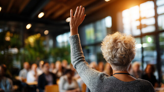 Faceless audience member raising hand during conference Q&A in bright room, participation gesture, question asking moment, with copy space