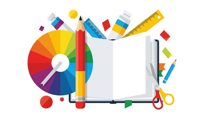 Creative art supplies and open notebook with colorful design elements for education and inspiration