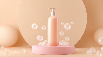 Pink cosmetic pump bottle standing on a round podium, with a calm background, floating bubbles, and minimalist elements highlighting skincare and beauty product display
