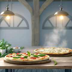Freshly made pizzas on wooden table in rustic kitchen setting  
