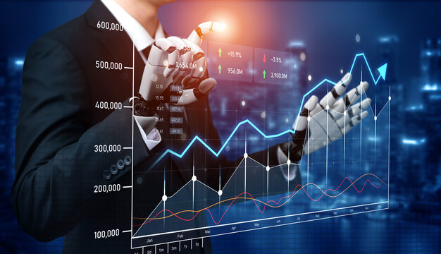 A business professional interacts with cutting-edge technology to visualize data through charts and graphs, symbolizing growth and success in finance. Scalp - Powered by Adobe