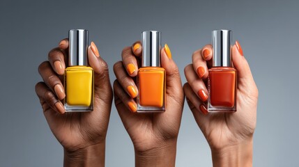 Diverse hands showcasing vibrant nail polish bottles in yellow, orange, and red hues, emphasizing beauty and creativity in cosmetic application and personal expression