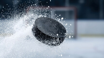 Close up of ice hockey puck flying in air with snow splash explosion. Dynamic action freeze motion shot on rink with goal net background