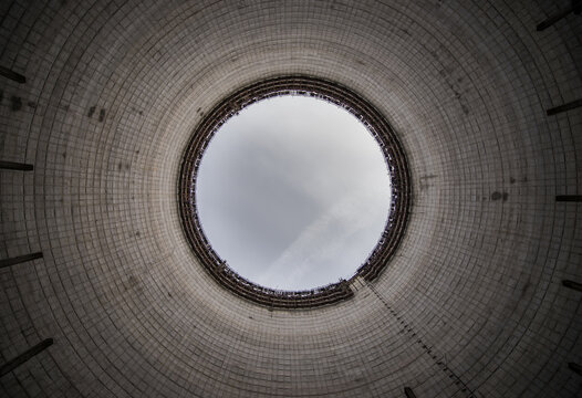 Inside unfinished cooling tower of reactor 5 of Chernobyl Nuclear Power Plant in Chernobyl Exclusion Zone, Ukraine