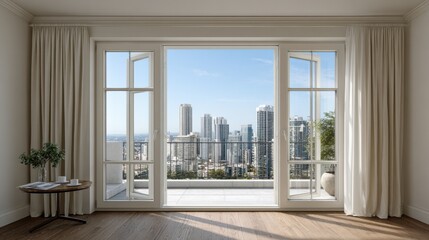 Obraz premium Modern living room with large open windows showcasing a stunning city skyline view, featuring elegant curtains and stylish furniture, creating a serene urban atmosphere