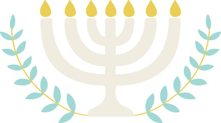 Pastel Seven Branch Menorah with Candle Lights and Botanical Frame Hand Drawn Clip Art