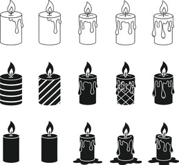 Candle Set Collection Black and White Vector Illustration