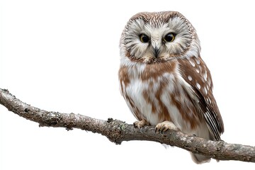 Owl Perched on a Branch: A captivating owl, with its large, expressive eyes and intricately patterned plumage, sits regally on a weathered branch, portraying a symbol of wisdom and watchful grace.