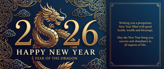 Happy New Year of the dragon 2026 - luxury golden design with New Year wishes of health, prosperity, and blessings