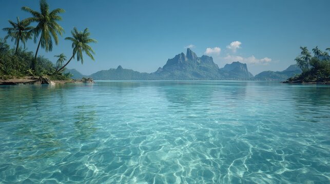 Clear water reflects mountain landscape with palm trees near shore in tropical location during sunny day - Powered by Adobe