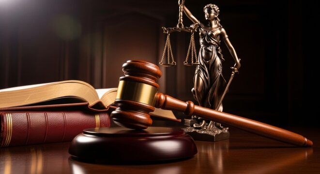 Justice gavel, law books, and lady justice statue on dark wood