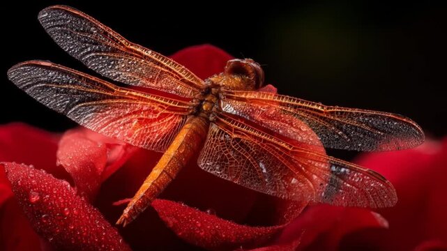 Close up of dragonfly resting on a vibrant red rose with dark background
