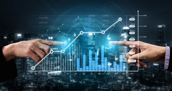 Business professionals examine financial data trends through digital graphs and charts in a modern corporate setting, enhancing decision-making and strategy. Scalp - Powered by Adobe