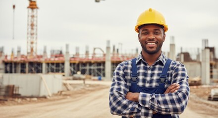 Confident african american construction worker smiling at building site