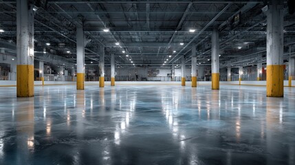 The vacant ice rink is lit by bright overhead lights, with yellow support columns and stadium seating behind it