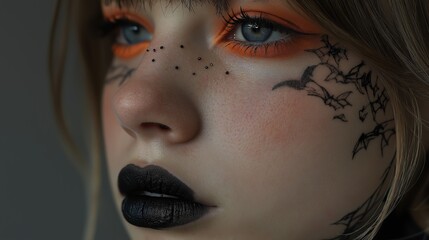 Artistic close up portrait of young woman with freckles creative makeup and face art on blurred background Concept of individuality and alternative beauty