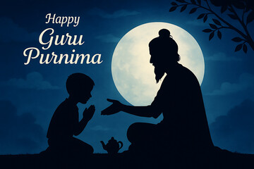 A serene depiction of guru and disciple under the full moon celebrating guru purnima with reverence and wisdom