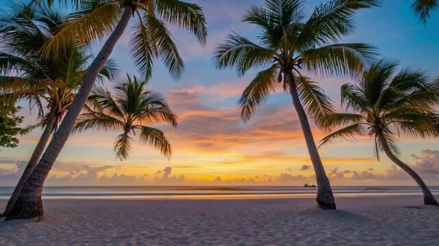 Tropical Beach Scene with Palm Trees at Sunset in Vibrant Colors
